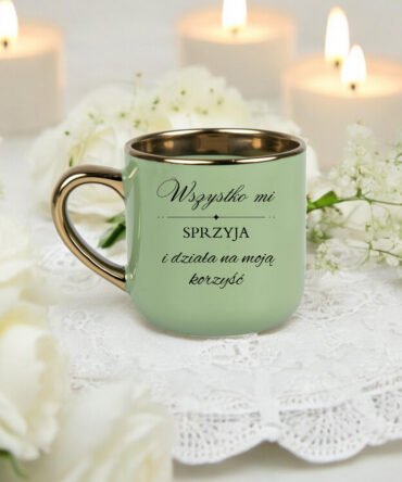 Kubek z serii elegant z napisem"Wszystko mi sprzyja i działa na moją korzyść