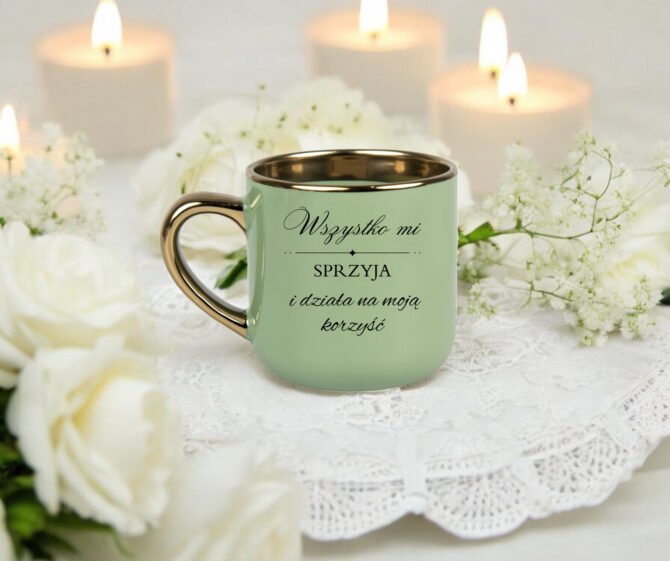 Kubek z serii elegant z napisem"Wszystko mi sprzyja i działa na moją korzyść