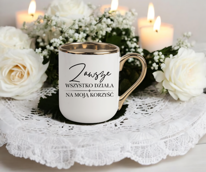 Kubek z serii elegant z napisem"Zawsze wszystko działa na moją korzyść "