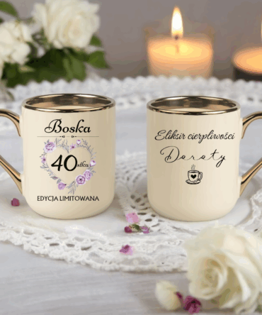 Kubek elegant z napisem Boska czterdziestka , eliksir cierpliwości