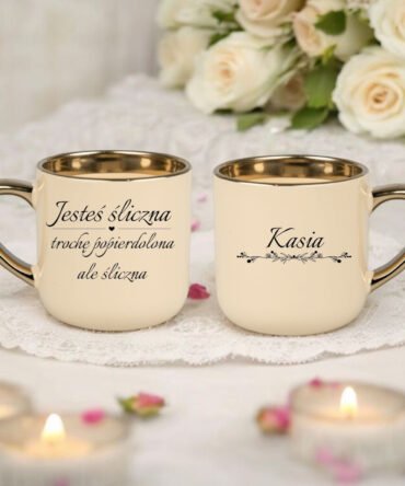 Kubek z serii elegant z napisem "Jesteś śliczna , trochę popierdolon ale śliczna "