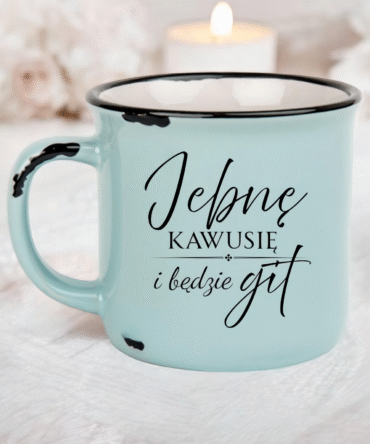 Kubeczek ceramiczny camper 290 ml  z sakrastycznym napisem "Jebnę kawusię i będzie git "