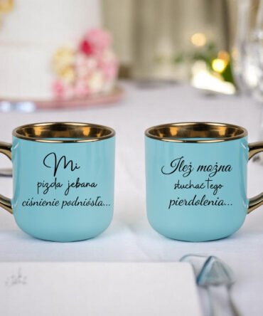 Kubek elegant z napisem "Mi pizda jebana ciśnienie podniosła"